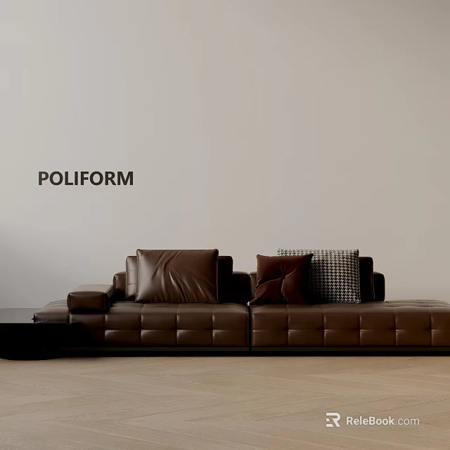Poliform Brown Leather Three Seater Sofa With Pillows On Light Wall Wooden Floor 3d model 