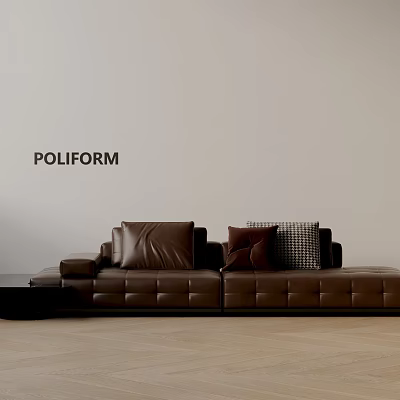 Poliform Brown Leather Three Seater Sofa With Pillows On Light Wall Wooden Floor 3d model