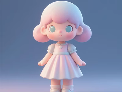 Cute 3D Girl Decorative Figurine Set With Pink Hair Pigtails And Dress Necklace 3d model