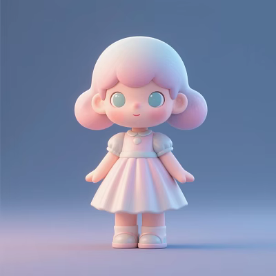 Cute 3D Girl Decorative Figurine Set With Pink Hair Pigtails And Dress Necklace 3d model