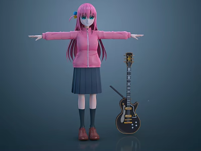 Pink Haired Female Character In Pink Jacket Standing By Electric Guitar 3d model