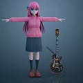 Pink Haired Female Character In Pink Jacket Standing By Electric Guitar