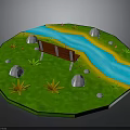 Miniature Landscape Scene With Green Grass Blue River Stones Flowers And Bench