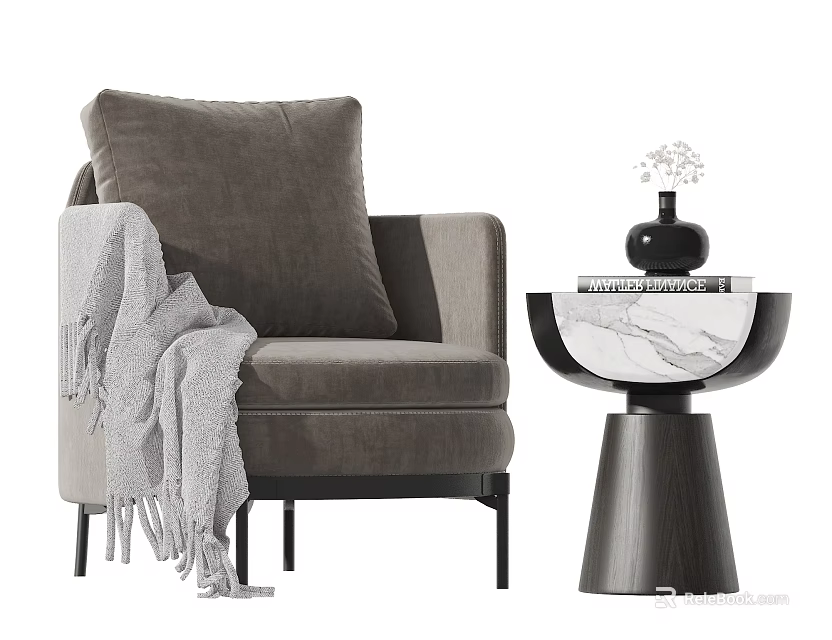 Gray Velvet Single Sofa With Cushion Throw Blanket And Round Marble Side Table 3d model