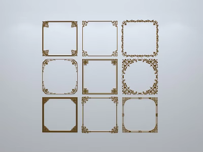 Carved Window Frames with Intricate Golden Ornate Designs in Various Square and Circular Styles 3d model