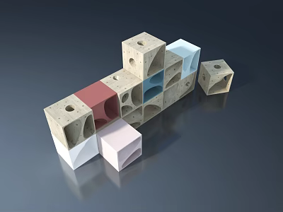 Sleek Concrete Swing Door Design With Geometric Cutouts And Colorful Cube Accents 3d model