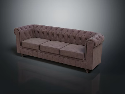 Brown Tufted Three Seater Sofa With Rolled Arms And Fabric Upholstery 3d model