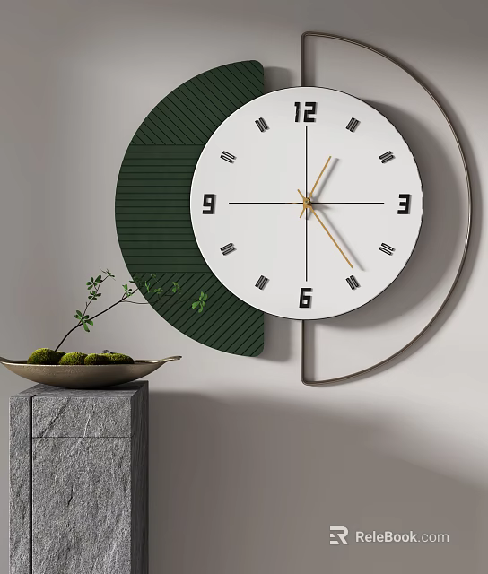 Modern Wall Clock With White Dial Black Numerals Green Accent And Stone Pedestal Plant 3d model 