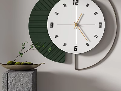 Modern Wall Clock With White Dial Black Numerals Green Accent And Stone Pedestal Plant 3d model