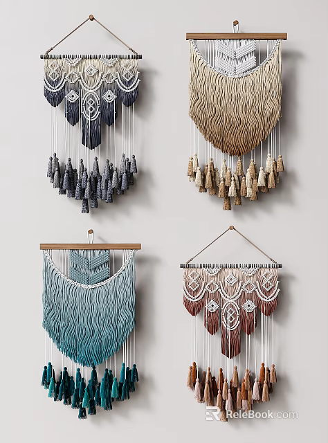 Bohemian Macramé Wall Decor With Tassels And Geometric Patterns In Blue Brown Cream 3d model 