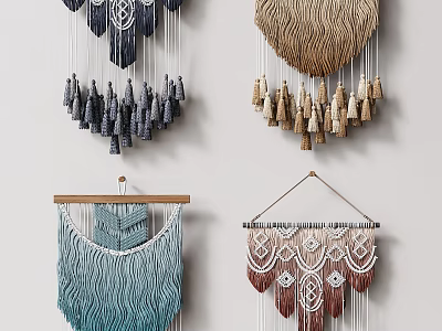Bohemian Macramé Wall Decor With Tassels And Geometric Patterns In Blue Brown Cream 3d model