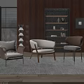 Modern Accent Chairs in Living Space With Wooden Shelves Floor Lamp and Rug