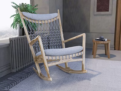 Natural Wooden Rocker Leisure Chair With Gray Cushion And Woven Backrest In Cozy Room 3d model