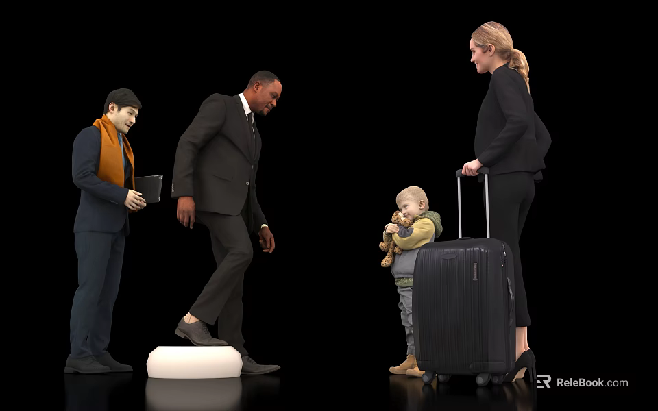 Group of People Including Child Holding Teddy Bear Woman Pulling Suitcase and Man on Step 3d model 