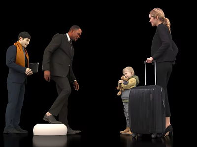 Group of People Including Child Holding Teddy Bear Woman Pulling Suitcase and Man on Step 3d model