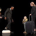 Group of People Including Child Holding Teddy Bear Woman Pulling Suitcase and Man on Step
