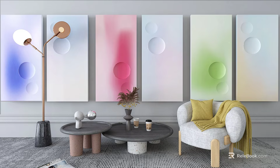Colorful Modern Wall Decorations With Circular Patterns In Living Room Sofa And Coffee Table Setup 3d model 