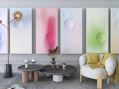 Colorful Modern Wall Decorations With Circular Patterns In Living Room Sofa And Coffee Table Setup 3d model