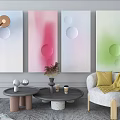 Colorful Modern Wall Decorations With Circular Patterns In Living Room Sofa And Coffee Table Setup