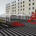 Municipal Road With Covered Parking Canopy Landscaped Areas Parked Cars And Pedestrians