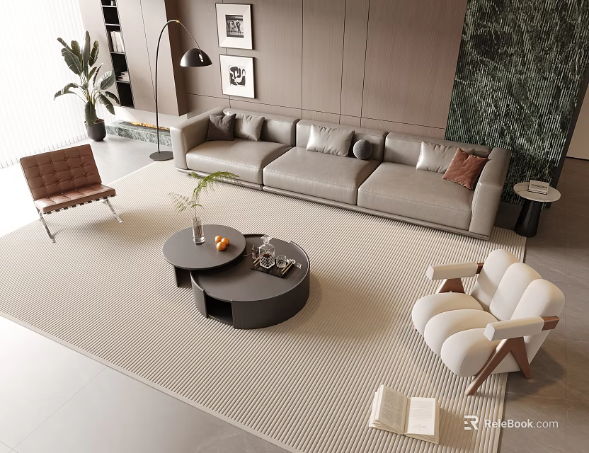 Modern Sofa Coffee Table Set In Living Room With Beige Rug Brown And White Armchairs 3d model 