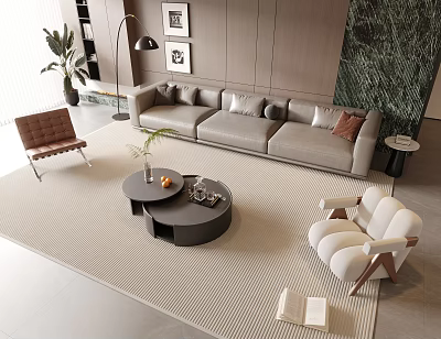 Modern Sofa Coffee Table Set In Living Room With Beige Rug Brown And White Armchairs 3d model