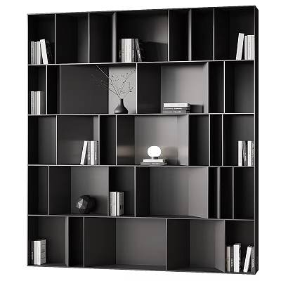 Modern Black Bookcase with Multiple Compartments Books Vase and Decorative Lamp 3d model