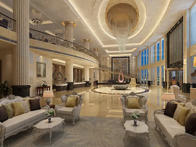 Luxurious Hotel Lobby Interior With Grand Chandelier Columns And Elegant Sofas 3d model