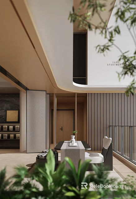Modern Teahouse Interior Design With Table Tea Set And Plants 3d model 