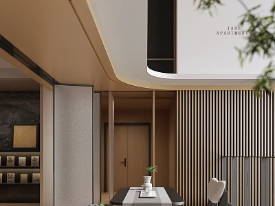 Modern Teahouse Interior Design With Table Tea Set And Plants 3d model