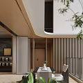 Modern Teahouse Interior Design With Table Tea Set And Plants