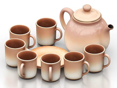 Ceramic Tea Set with Teapot Serving Tray and Tea Cups in Brown Gradient Design 3d model