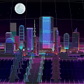 Cartoon City Night Scene With Tall Buildings Full Moon Stars Neon Lights And Bridges