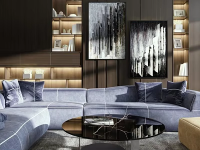 Blue Sectional Sofa in Modern Living Room with Abstract Paintings and Glass Coffee Table 3d model
