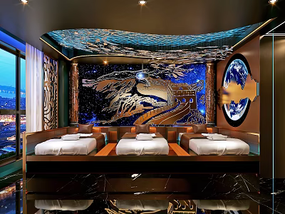 Luxurious SPA Sauna Interior With Comfortable Massage Beds Artistic Wall And Ambient Lighting 3d model