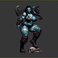 Blue Skinned Female Warrior in Armored Outfit Holding Large Axe With Skull at Feet