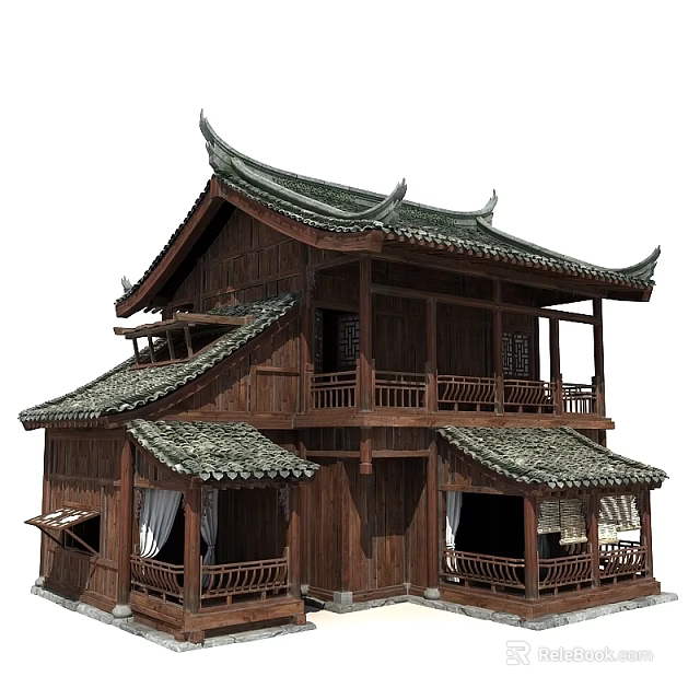 Traditional Chinese Ancient Architecture Wooden Structure With Green Tiled Roof Overhanging Eaves And Balconies 3d model 