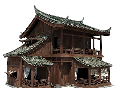 Traditional Chinese Ancient Architecture Wooden Structure With Green Tiled Roof Overhanging Eaves And Balconies 3d model
