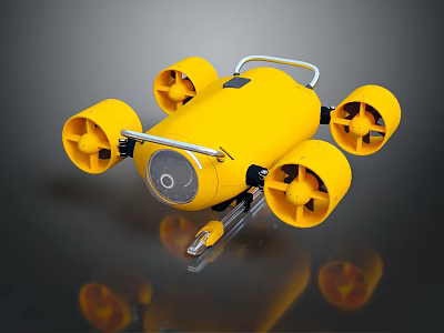 Yellow Water Vehicle With Four Propellers And Circular Lens For Underwater Exploration 3d model