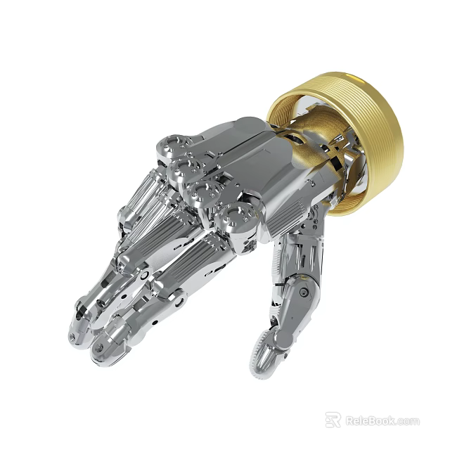 Silver Metal Robotic Hand With Golden Base And Articulated Joints Design 3d model 