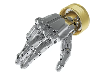 Silver Metal Robotic Hand With Golden Base And Articulated Joints Design 3d model