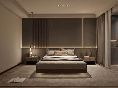 Elegant Modern Bedroom Interior With Lined Headboard Wall Nightstands Table Lamps And Soft Rug 3d model
