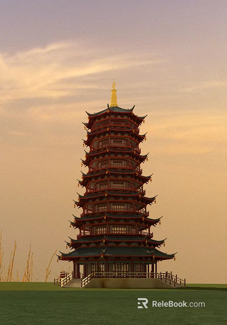 Ancient Chinese Pagoda With Multi Tiered Structure Golden Spire And Overhanging Eaves 3d model 