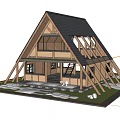 Modern Gable Roof House With Wooden Structure Blue Roof And Lawn Steps