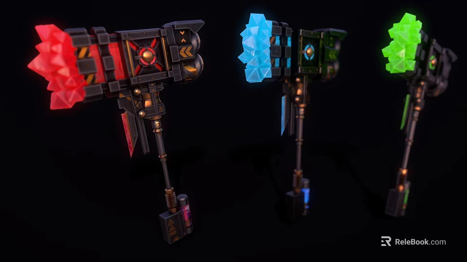 Mechanical Multi Colored Weapon Featuring Red Blue Green Glowing Parts And Hammer Design 3d model 