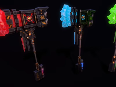 Mechanical Multi Colored Weapon Featuring Red Blue Green Glowing Parts And Hammer Design 3d model