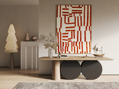 Geometric Abstract Painting In Modern Living Room With Decorative Vase Lamp And Wooden Table 3d model