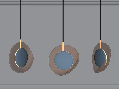 Three Modern Circular Pendant Lights with Blue Shades Gold Frames and Black Hanging Cords 3d model