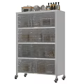 Decorative Ornament Combination on White Multi Layer Shelf with Transparent Door Compartments Jars and Baskets