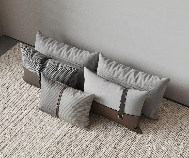 Elegant Modern Grey And Brown Striped Throw Pillows On Soft Carpet 3d model
